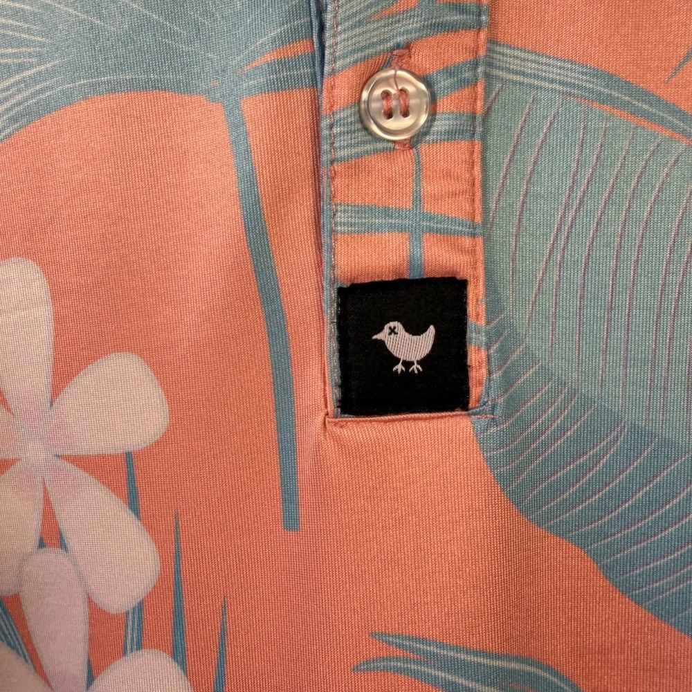 Bad Birdie Polo Shirt‎ XL Tropical Floral Golf Coral Blue Performance Stretch - Picture 5 of 11